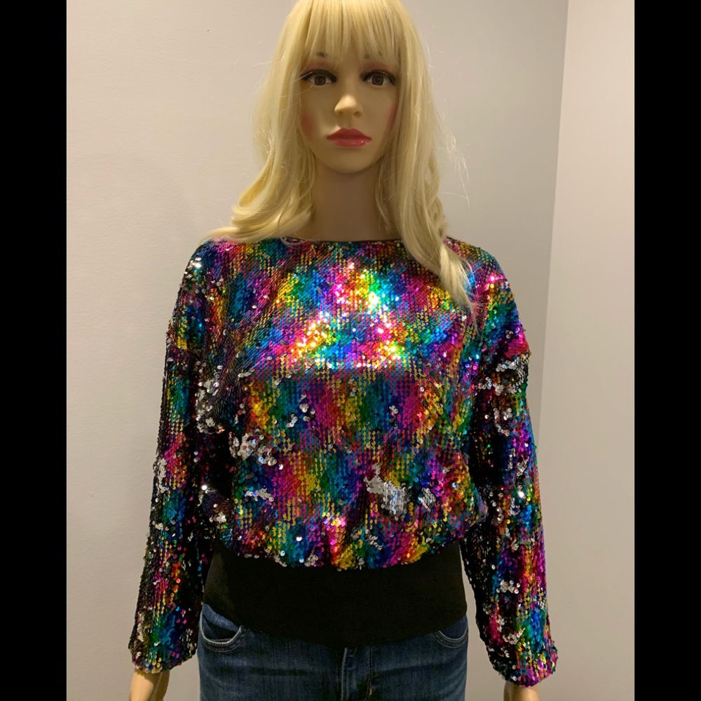 Rainbow color sequin top with knit waistband